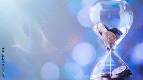 Hourglass with coins inside, blue background