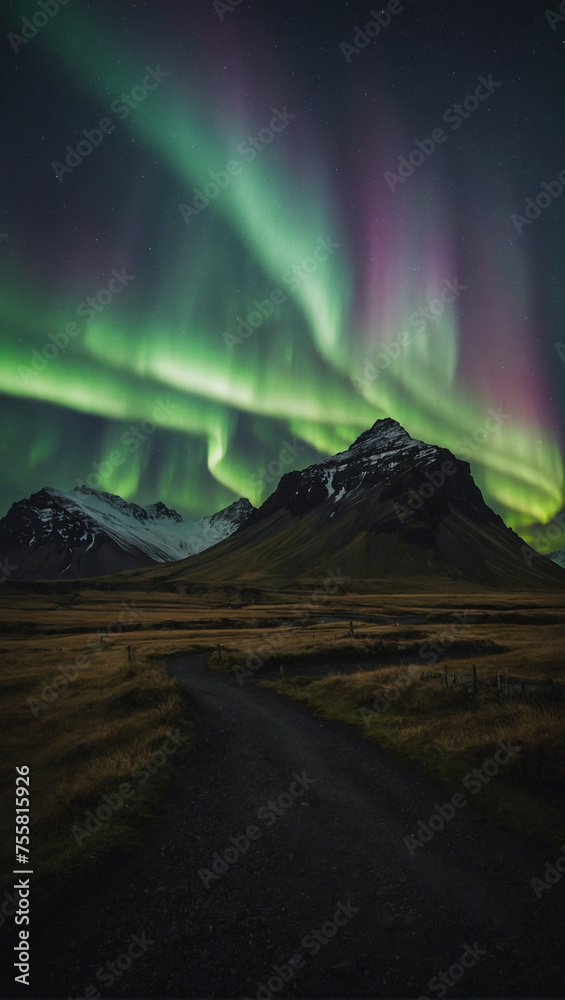 Northern lights over mountainous landscape at night in Eystrahorn, Iceland
