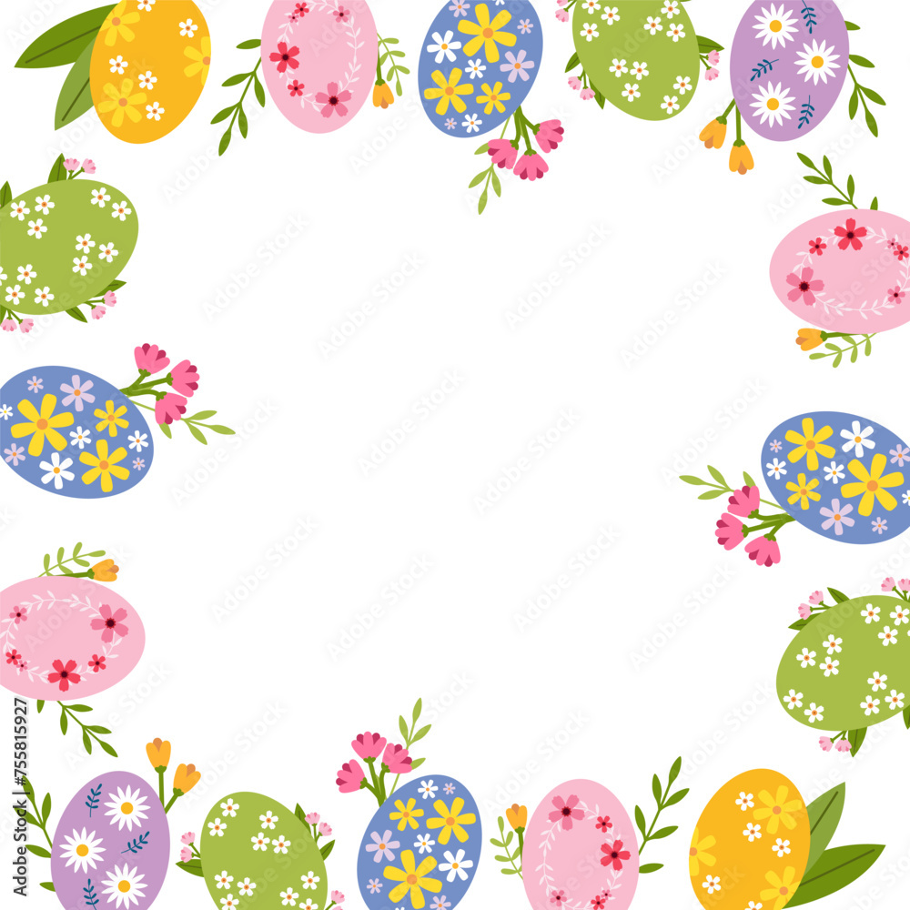 Easter background with copy space for text. Abstract frame made of Easter eggs and flowers. Vector illustration Easter background with copy space for text. Abstract frame made of Easter eggs and flowers. Vector illustration