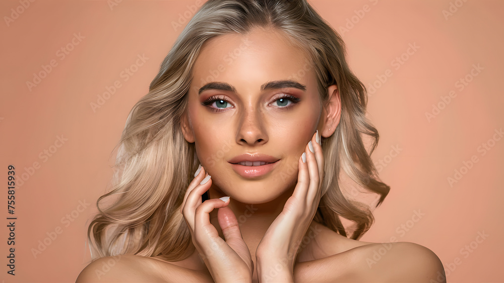Fototapeta premium Beautiful blonde woman with healthy skin looks at the camera and touches her face with her hands. natural makeup of a young beautiful model on a studio background with copy space. cosmetic concept