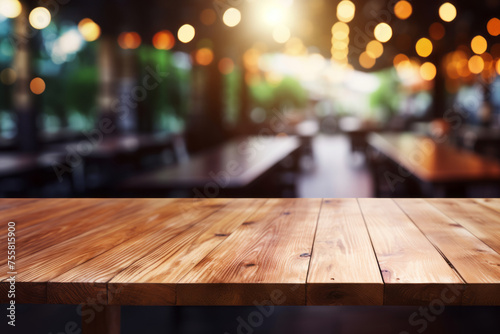 Wood table on blur of cafe coffee shop bar background