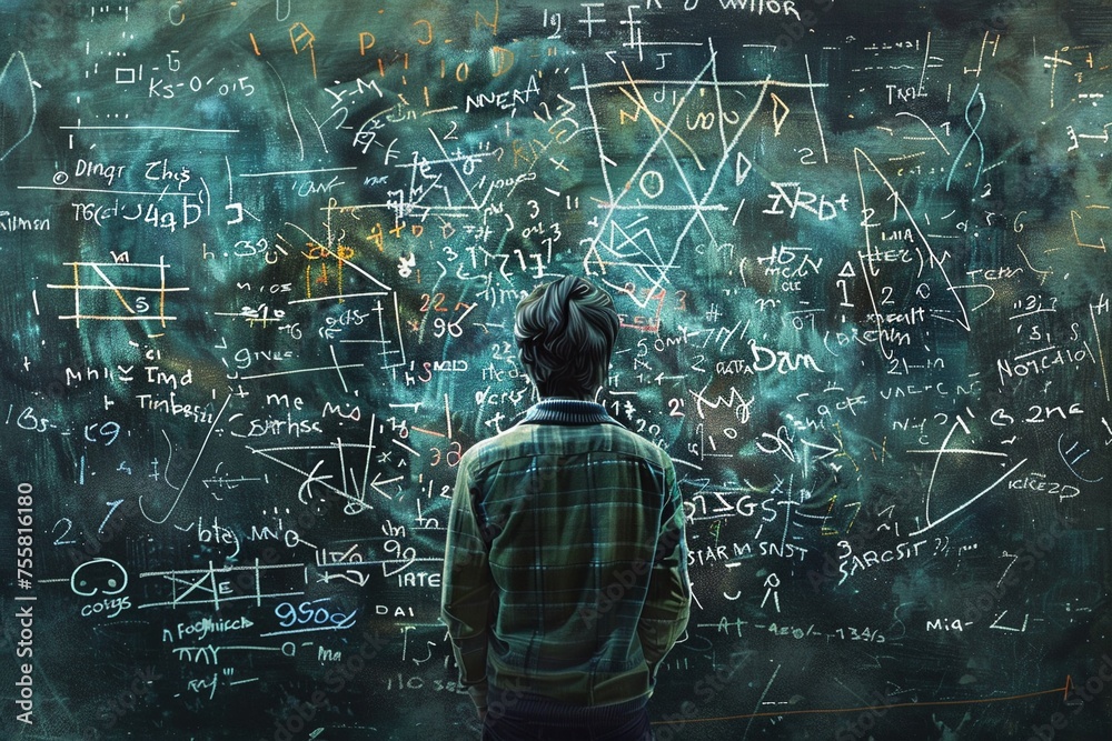 2D Illustrate of A mathematician solving complex equations on a chalkboard. - obrazy, fototapety, plakaty 