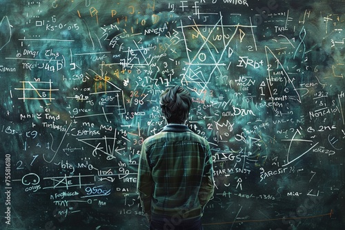 2D Illustrate of A mathematician solving complex equations on a chalkboard. photo