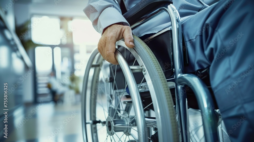 Wheelchair, disability and man hand holding wheel in a hospital for healthcare.