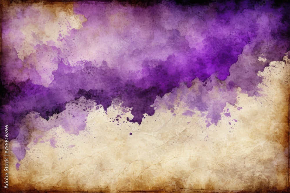 Grunge abstract old paper background, textures overlapping with layered translucency, hues of violet and purple emerging through the fibrous material, suggestive of antiquity and mystery