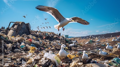 A landfill site with seagulls scavenging for food photo