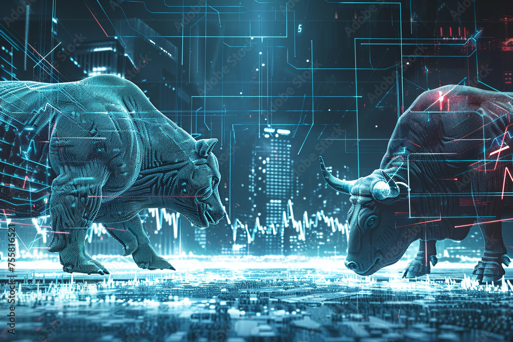 Bear and bull locked in a financial duel on a futuristic graph battlefield. - obrazy, fototapety, plakaty 