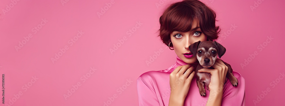 Female fashion model with a small dog in her hands on a pink background. Free space for product placement or advertising text.