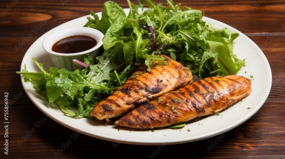A plate of grilled chicken with a side of mixed greens