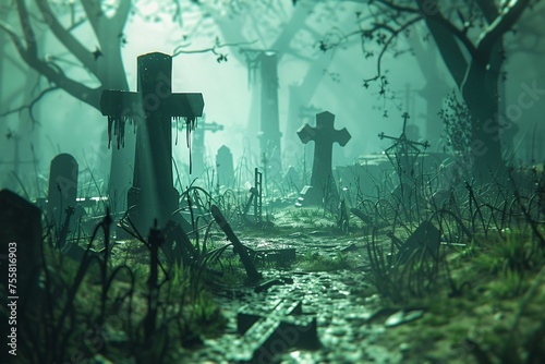 3D Illustrate of As they traversed the digital landscape the heroes stumbled upon a cursed graveyard where the souls of the undead roamed freely photo