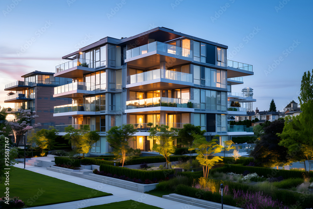Idyllic Twilight View of a Stylish Modern Residential Complex