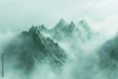 3D Illustrate of Jade mountains shrouded in mist