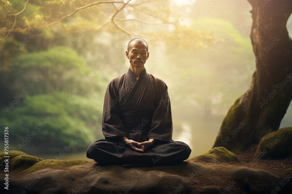 Sensei meditating in serene surroundings embodying inner peace. Generative AI - obrazy, fototapety, plakaty 