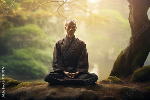 Sensei meditating in serene surroundings embodying inner peace. Generative AI © Nomad_Soul
