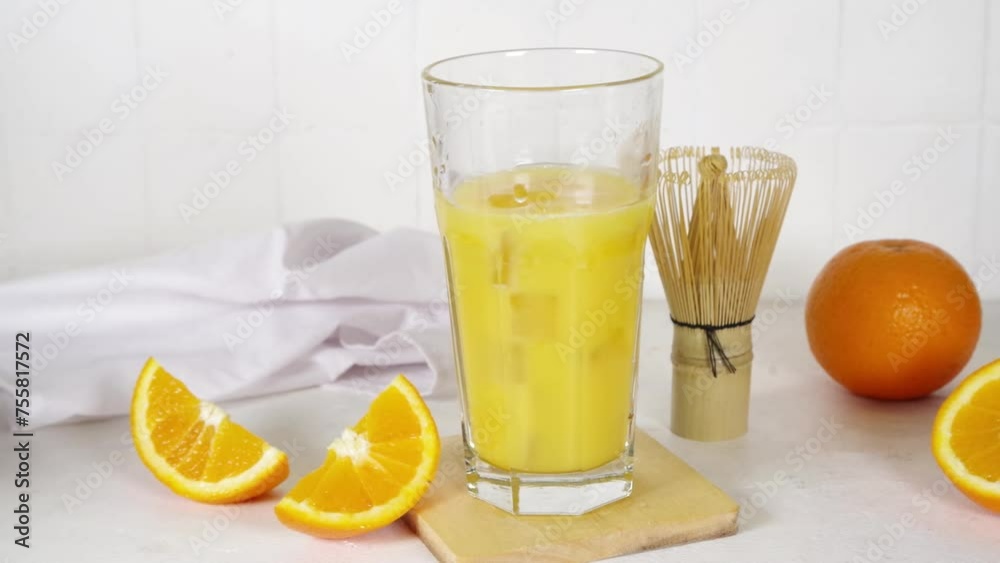 Orange Matcha Lemonade, Cold asia fruit cocktail with green matcha and orange citrus drink Orange Matcha Lemonade, Cold asia fruit cocktail with green matcha and orange citrus drink