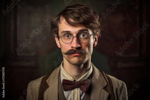 Retro man teacher with mustache in eyeglasses portrait. Generative AI