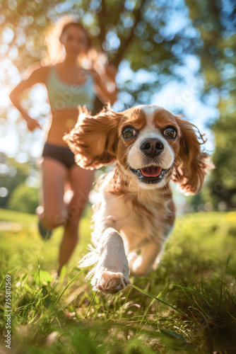 Jogger girl running with her young Cavalier King Charles Spaniel dog