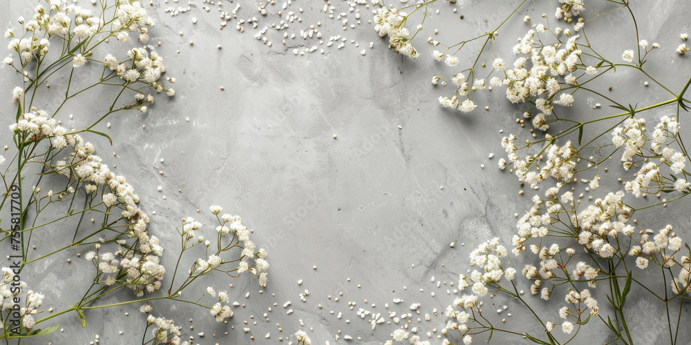 Delicate white baby's breath flowers on elegant grey marble background, top view with copy space Delicate white baby's breath flowers on elegant grey marble background, top view with copy space