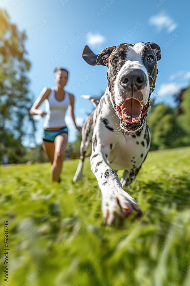Jogger girl running with her young Great Dane dog Jogger girl running with her young Great Dane dog