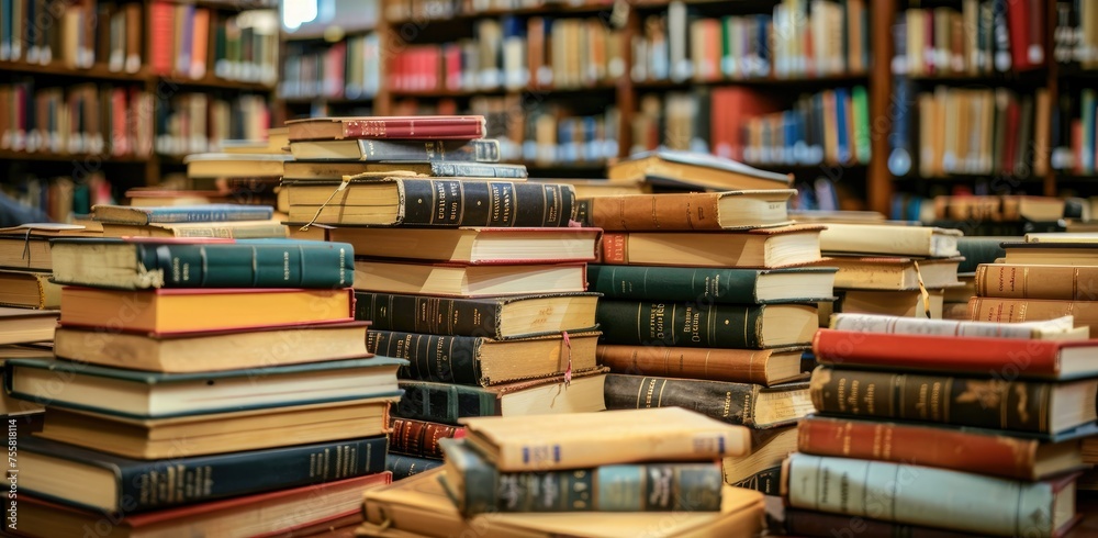 Library Elegance: Close-Up of Organized Book Stacks with Copy Space Library Elegance: Close-Up of Organized Book Stacks with Copy Space