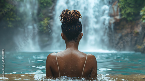 an african american lady with braids hairstyle feeling the water of a beautiful water fall photo