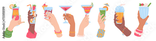 Set of women's hands holding different glasses with beverages flat style