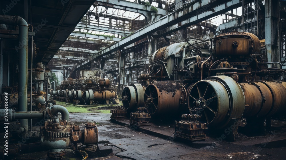 Abandoned and rusting industrial machinery in a polluted area