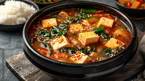 A bowl of Sundubu jjigae soup with tofu and vegetables.. generative ai 
