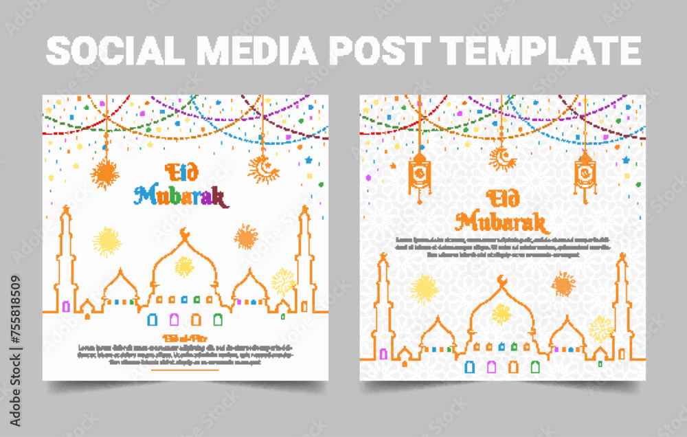 Eid mubarak islamic greeting card with mosque. Social media post and web banner template, vector illustration