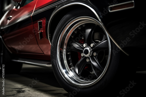 Detail shot wheels and tires of luxury muscle car. Generative AI © Nomad_Soul