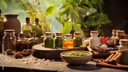 Ayurvedic herbs and oils arranged in a spa setting