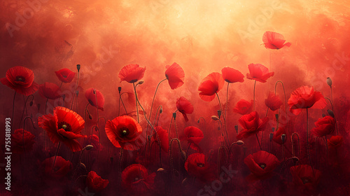 Banner with red poppy flowers, generative ai
