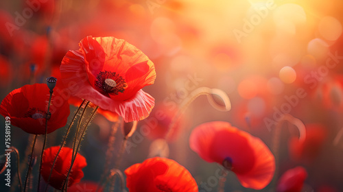 Banner with red poppy flowers, generative ai