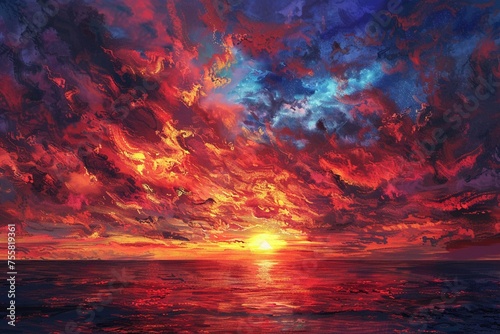 Digital painting of Envision a ruby-hued sunset painting that seems to set the sky ablaze