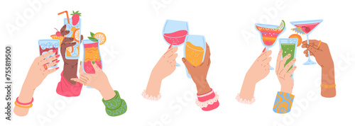 Friends hands holding glasses with cocktails, celebrating cheers, tropical or alcohol beverage vector illustrations set