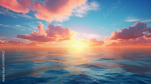 Clouds in the morning sky over the sea background pattern. Sunset or sunrise wallpaper. Decorative horizontal banner. Digital artwork raster bitmap illustration. AI artwork.