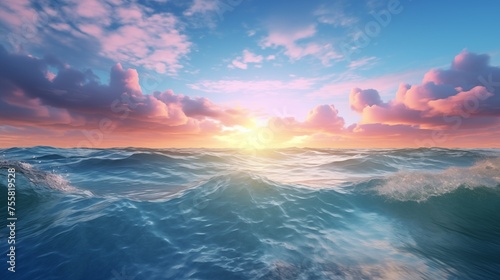Clouds in the morning sky over the sea background pattern. Sunset or sunrise wallpaper. Decorative horizontal banner. Digital artwork raster bitmap illustration. AI artwork. © Oxana