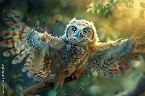 Fantasy Art ofA baby owl learning to spread its wings for the first time.