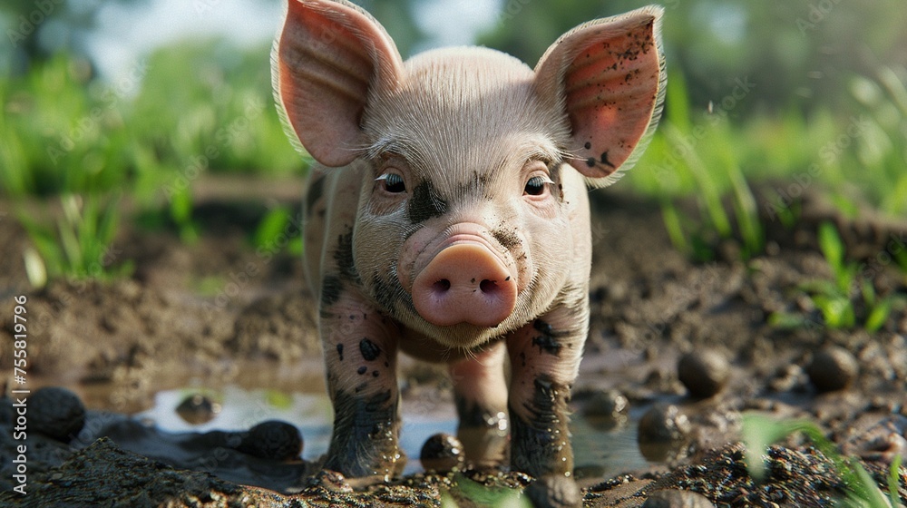 hyper realistic of A cute piglet enjoying a mud bath and rooting for truffles. hyper realistic of A cute piglet enjoying a mud bath and rooting for truffles.
