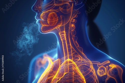 This interactive diagram vividly simulates the breathing mechanics, showing lung expansion during inhalation—diaphragm moves downwards photo