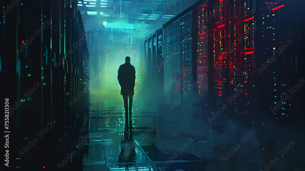 A mysterious hacker standing alone in a dark server room.. generative ai 