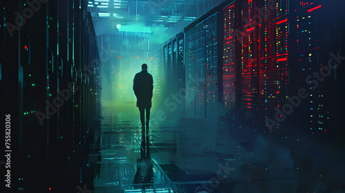 A mysterious hacker standing alone in a dark server room.. generative ai 