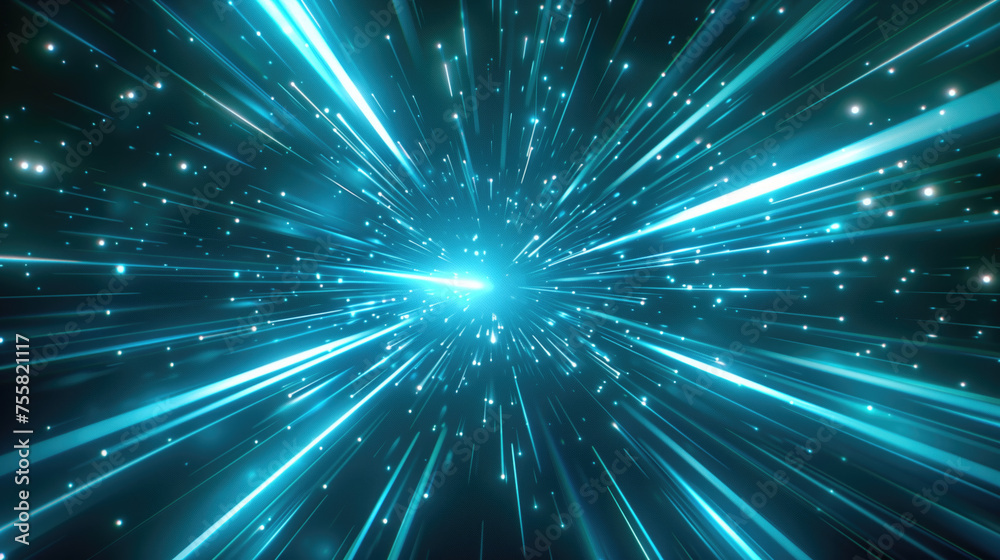 Naklejka premium Hyperspace travel abstract background. Bright blue light streaks radiating from a central point against a dark space background.