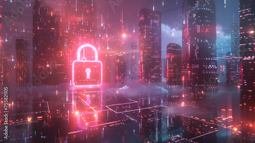 Cybersecurity Digital Technology Security  A padlock in a futuristic cyber world. generative ai 