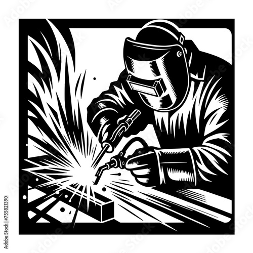 Cartoon Black and White Isolated Illustration Vector Of A Welder TIG Welding in Protective Mask