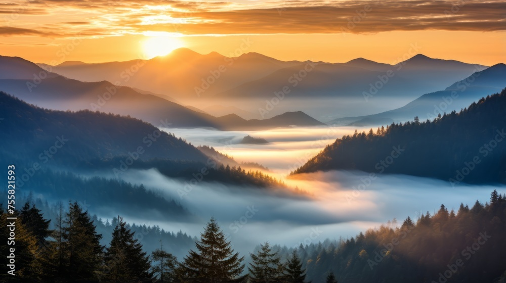 Fototapeta premium A radiant sunrise over a misty mountain