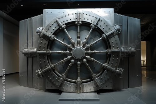 Big massive vault door with multiple locking bolts, imposing and secure. Generative AI