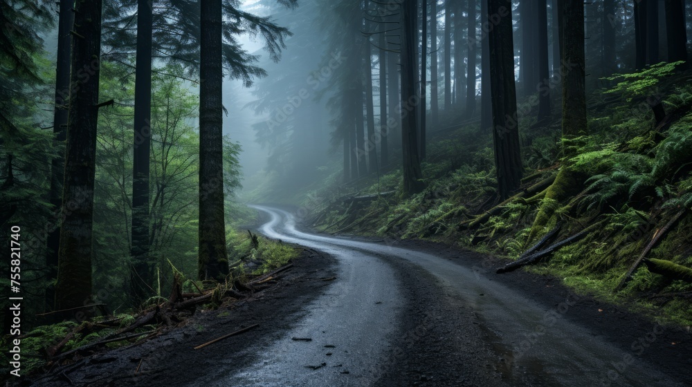 Naklejka premium A road through a mystical, mist shrouded forest