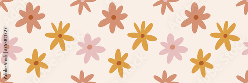 Retro seamless pattern with daisy flowers. Groovy vintage hand drawn vector background surface design, textile, stationery, wrapping paper, covers. 60s, 70s, 80s style. Hippie aesthetic wallpaper.