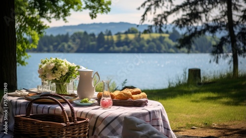 A serene lakeside picnic with a view of the water